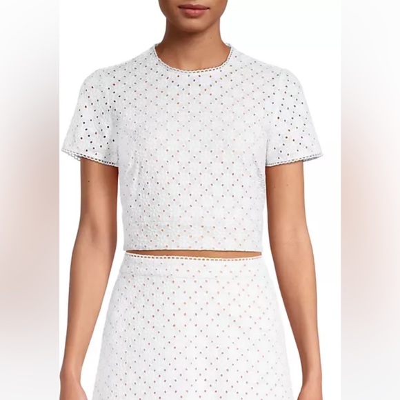 Michael Kors Women's Geo Eyelet Cropped Short Sleeve Top White Size 4 - Picture 4 of 4